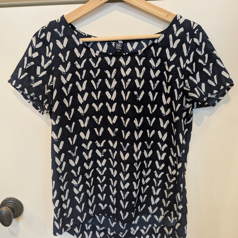 Navy and White Patterned Women's Top